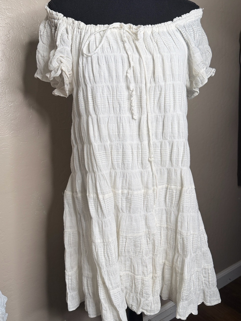 Off-Shoulder White Smocked Cotton Sundress